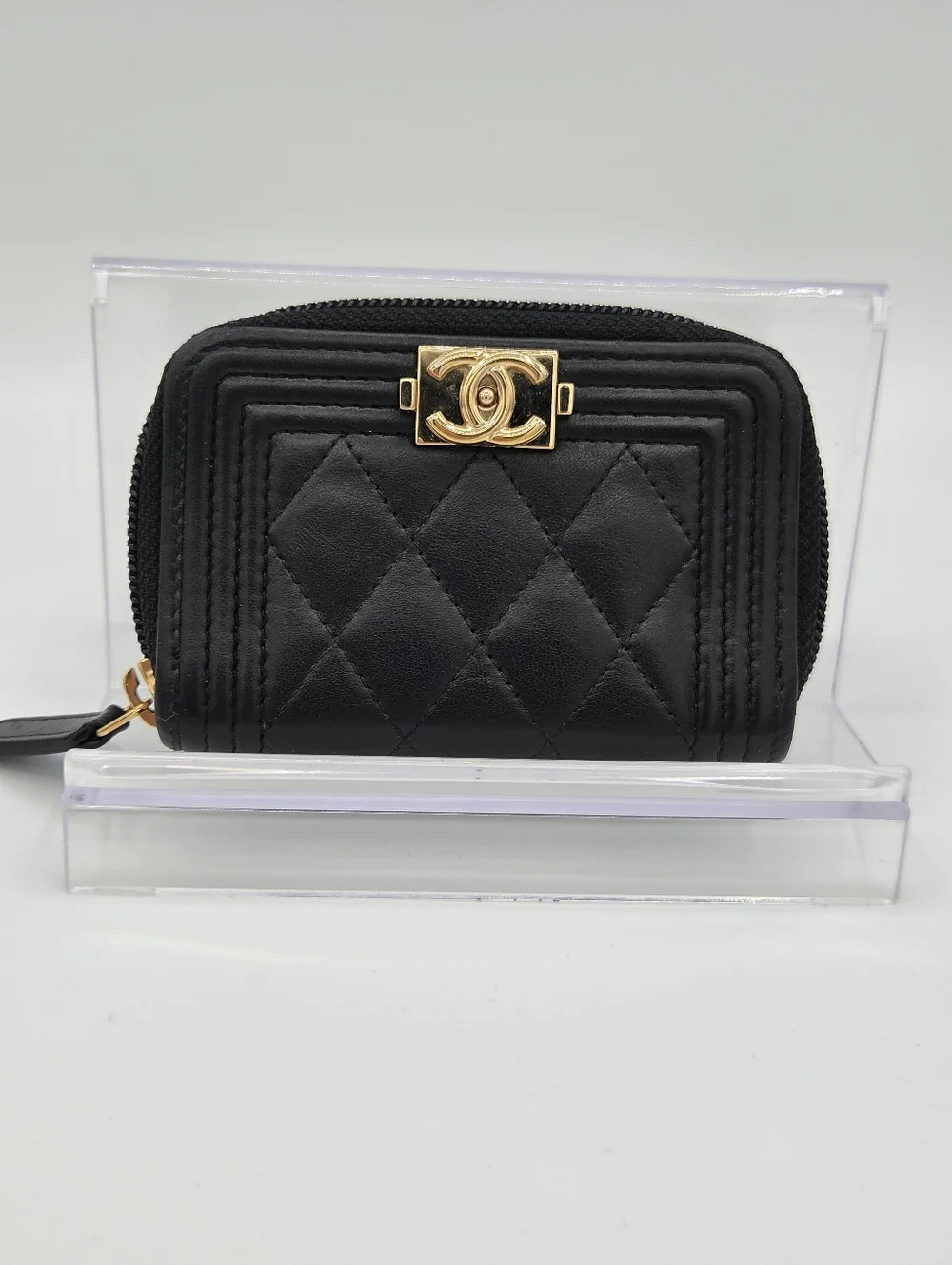 Chanel Boy Zip Around Coin Purse Wallet Lambskin Black